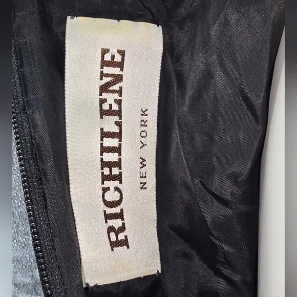 RICHILENE Elegant Black gown With Metallic Gold And Silver Leafs RARE GOWN